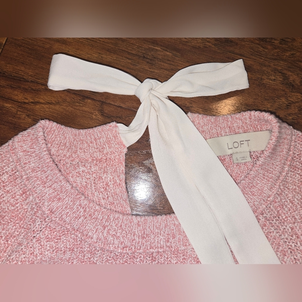 Loft Pink White Marbled Cotton Bow Back Knit Sweater Size Small - Picture 3 of 8